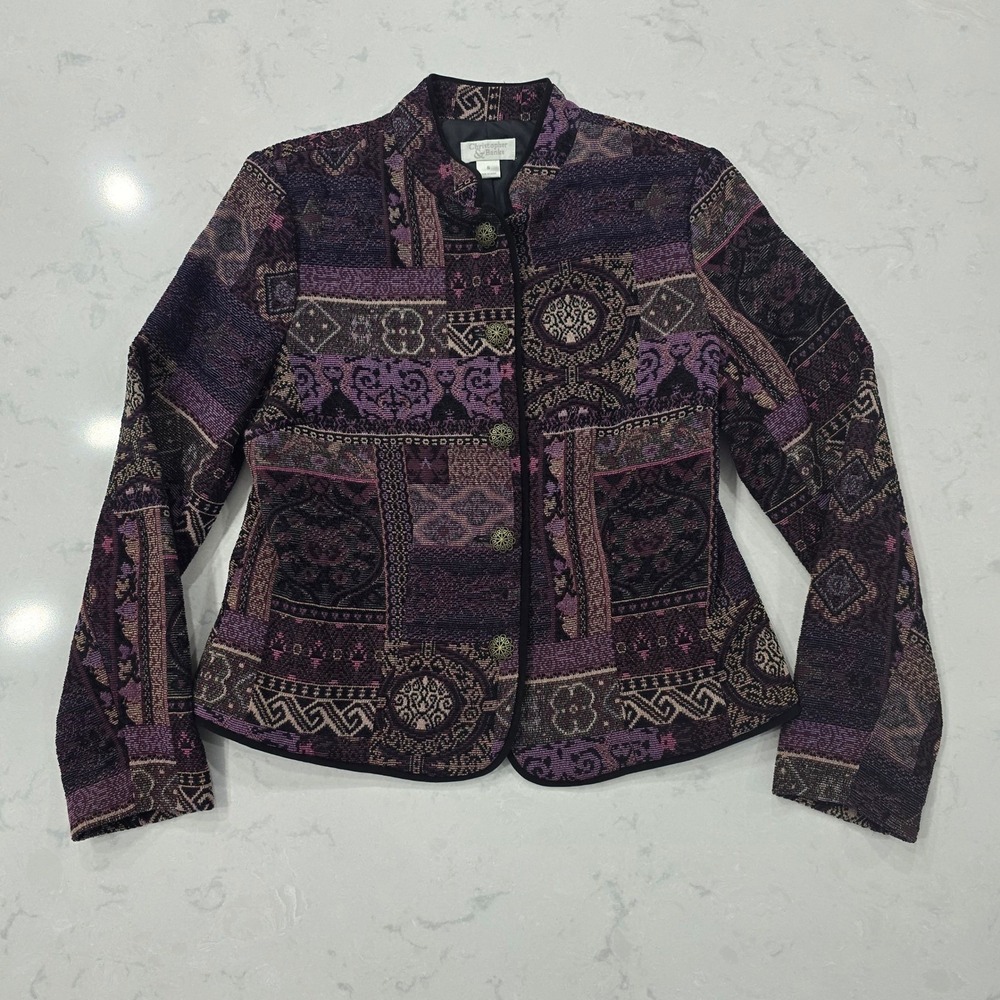 Christopher & Banks Purple Tapestry Patchwork Jacket S Mandarin Dark Academia